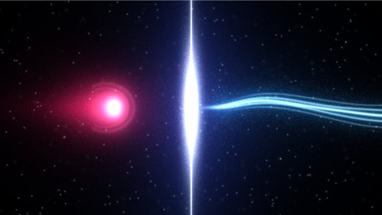 Particle crosses a quantum interface and emerges attached to an invisible string